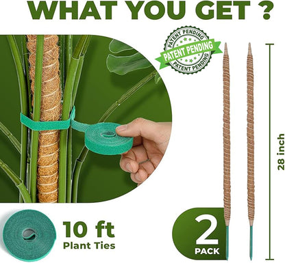 2 Pack 28 Inch Bendable Moss Pole Monstera Plant Support Stakes for Indoor Plants - Tall Moss Stick