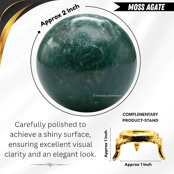 Amazing Gemstone Moss Agate Crystal Ball with Stand - 2" Inches Crystal Sphere Meditation Balls for