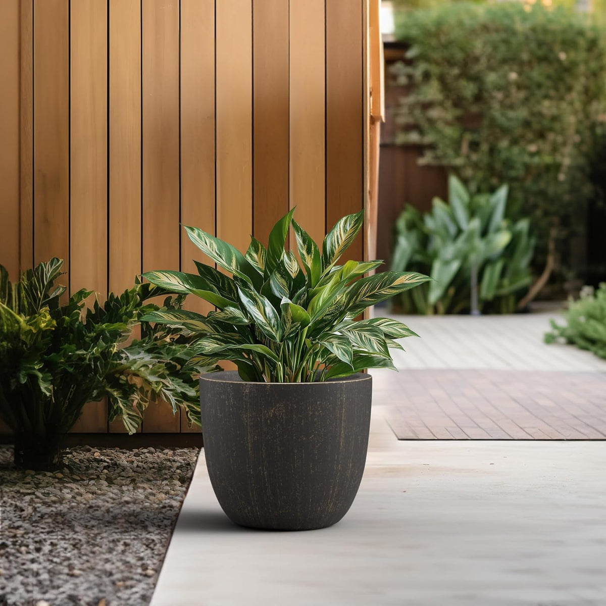Kante 14 Inch Dia Round Concrete Planter, Indoor Outdoor Large Plant Pot with Drainage Hole and