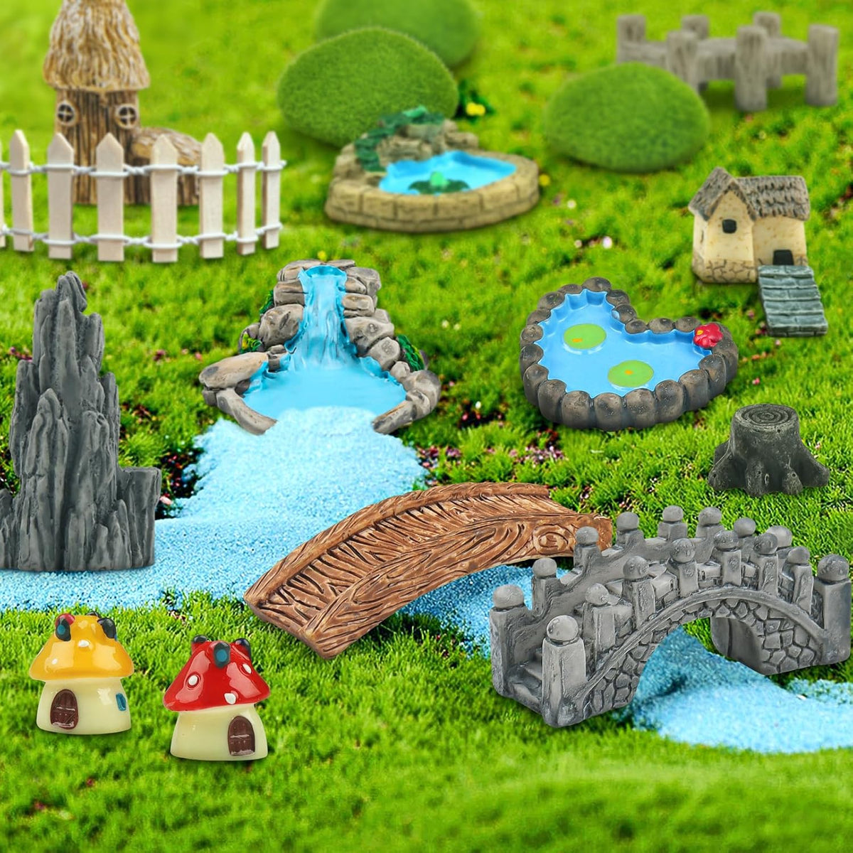21 Pcs Fairy Garden Miniatures Accessories Bridge House Landscape Water Well Fence Figurines Pond