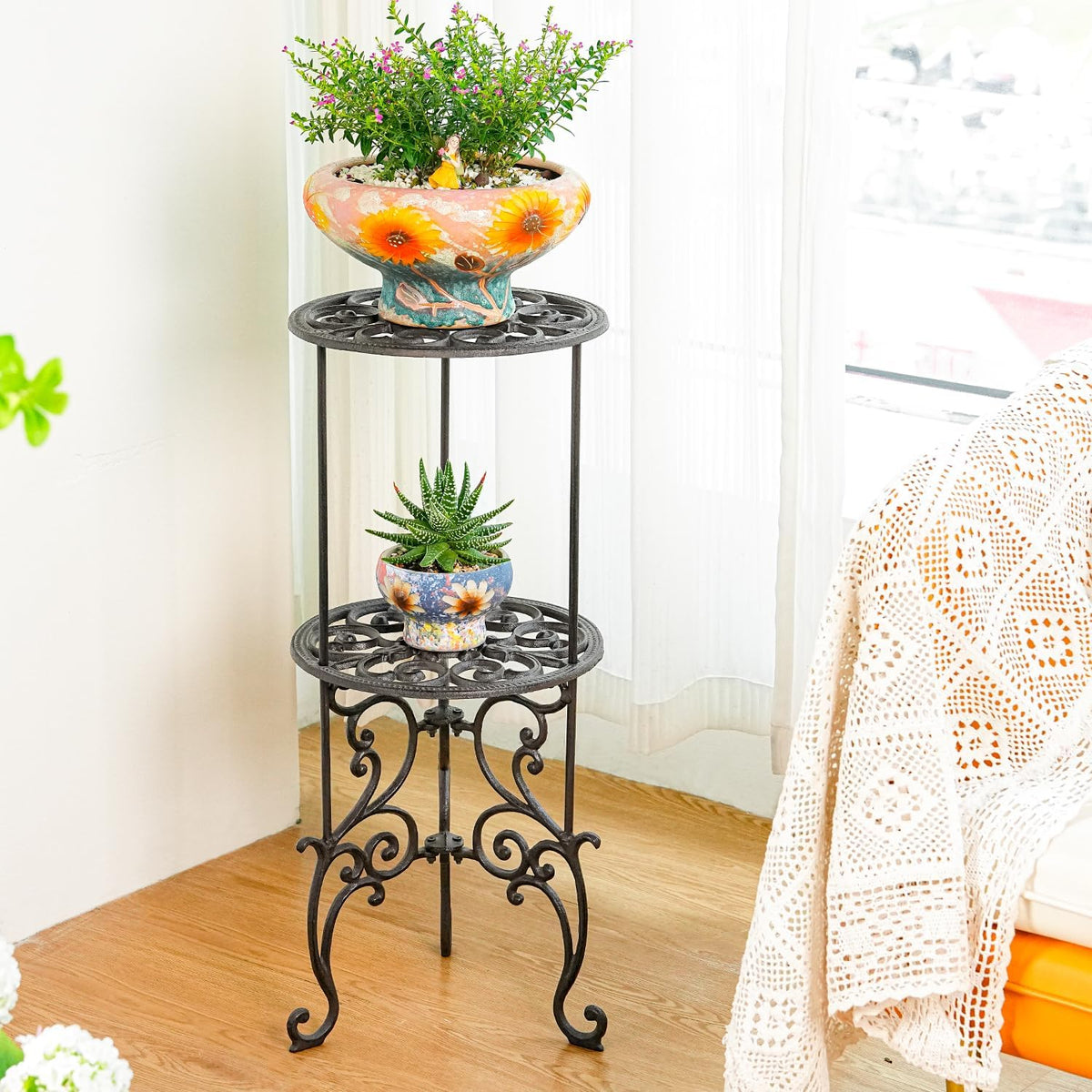 Sungmor Heavy Duty Cast Iron Potted Plant Stand,26-Inch 2 Tiers Metal Planter Rack,Decorative