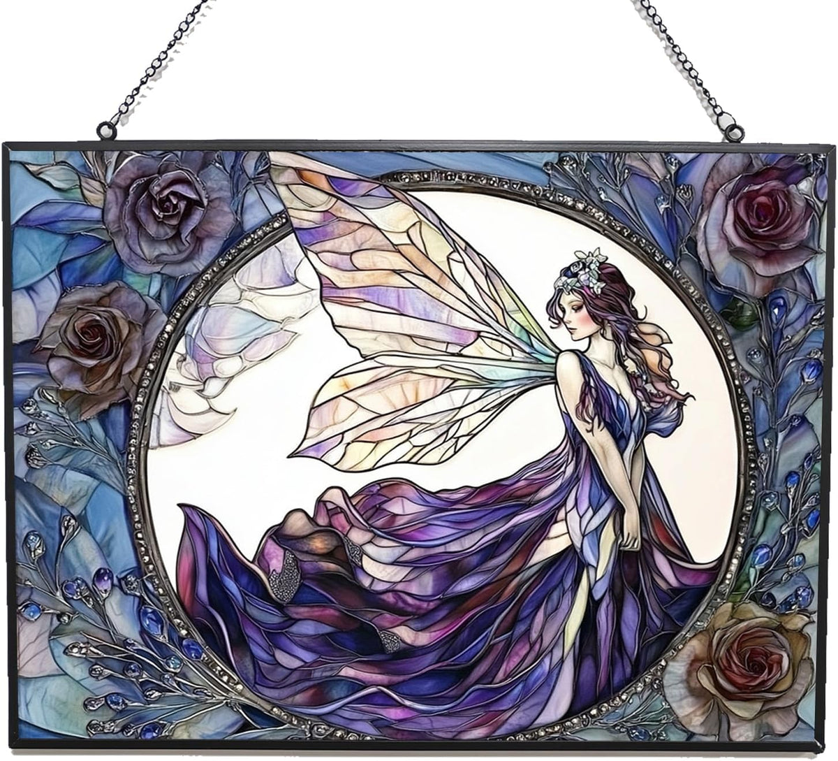 Customized Rectangle Fairy Stained Glass Suncatcher Window Hanging, Gothic Christmas Ornaments for