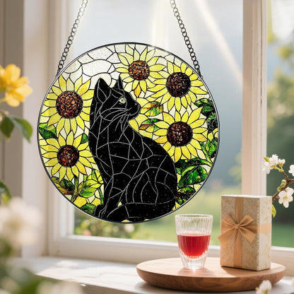 Stained Glass Window Hanging, Pauyadu 8 Inch Sunflower Black Cat Stained Glass Suncatcher, Cats