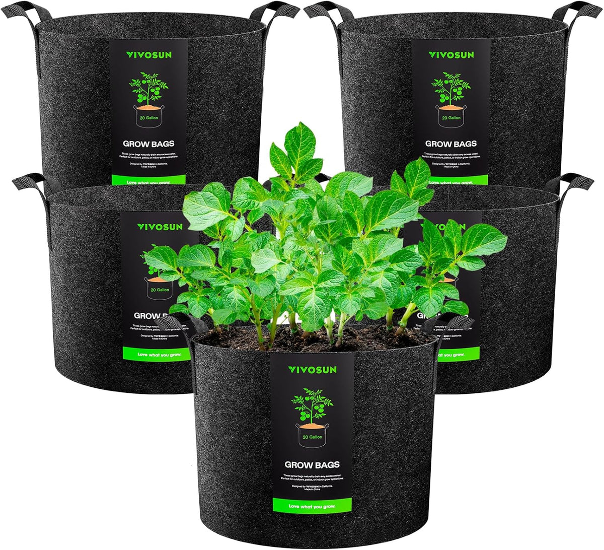 VIVOSUN 5-Pack 20 Gallon Plant Grow Bags, Heavy Duty Thickened Nonwoven Fabric Pots with Handles