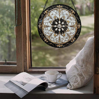 Stained Glass Window Hanging, Black and White Gold Boho Pattern Suncatcher for Doors Window Home