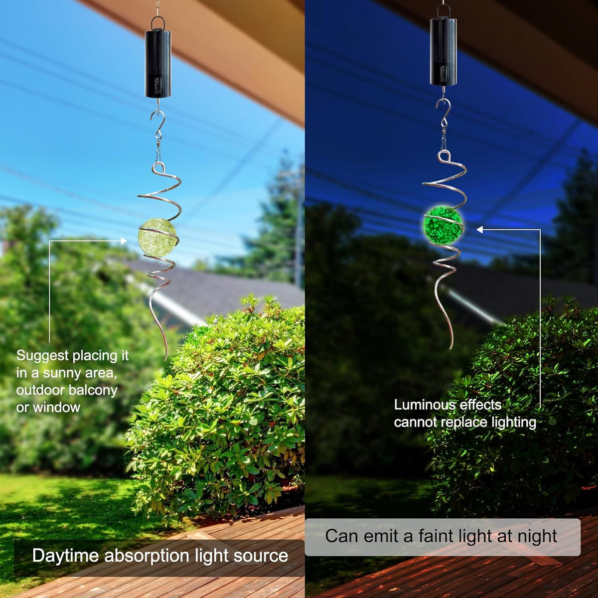 Glow in The Dark Gazing Ball Spiral Tail - Wind Spinner Stabilizer with Glow Glass Ball & Swivel