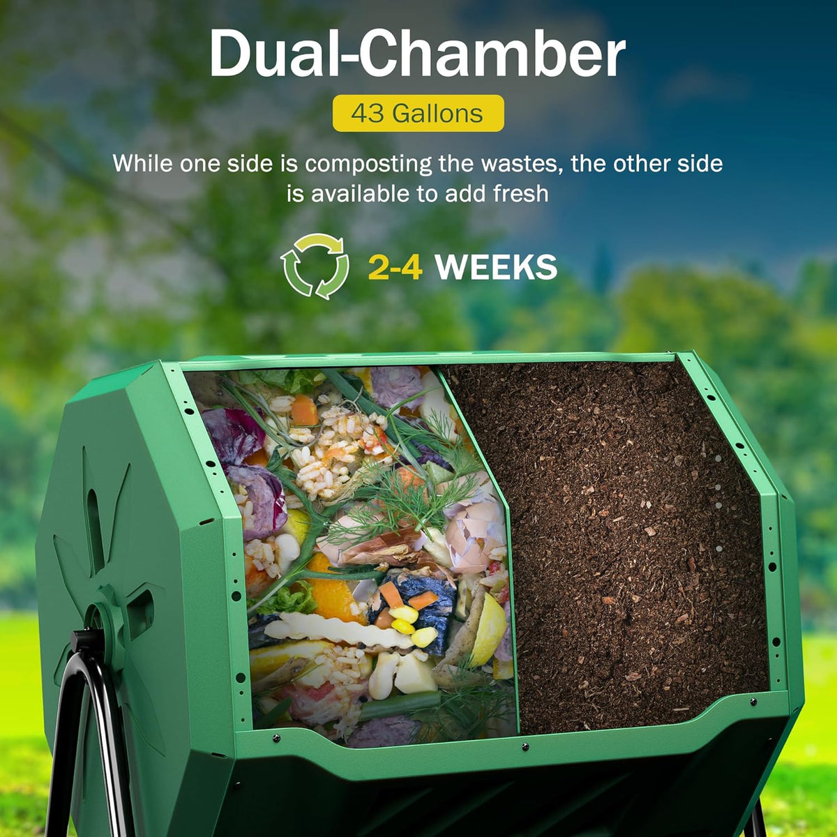 F2C Compost Bin Outdoor Dual Chamber Tumbling Composter 43 Gallon BPA Free Large Tumbler Composters