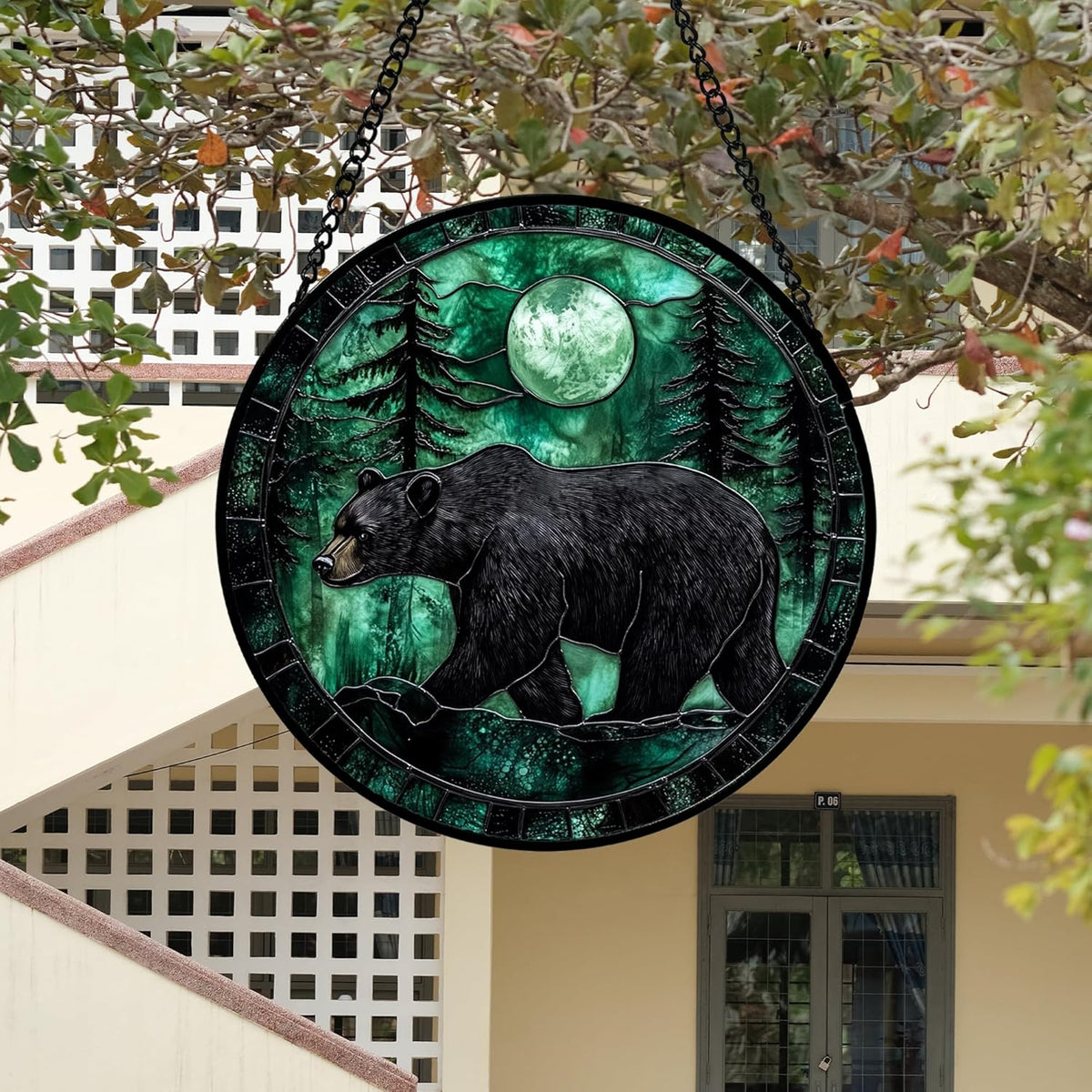 Stained Glass Window Hanging 4 Pcs Set Green Forest Night Sky Wildlife 6.3" - Suncatcher Door