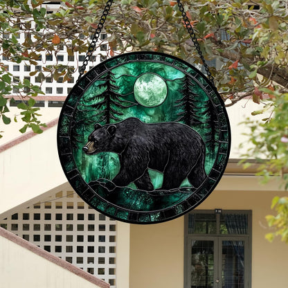 Stained Glass Window Hanging 4 Pcs Set Green Forest Night Sky Wildlife 6.3" - Suncatcher Door