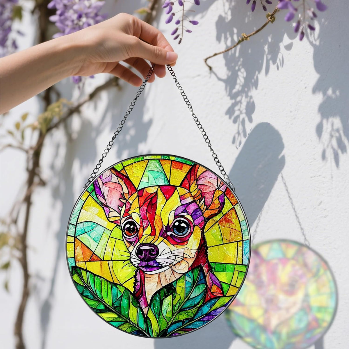 8″ Stained Glass Window Hanging Ornament, Vibrant Chihuahua Stained Glass Suncatcher Ornament
