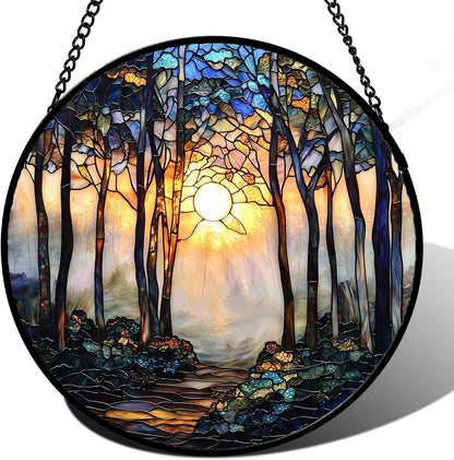 Stained Glass Window Hanging, Forest Sunrise Smoke Blue Brown Tree Suncatcher for Doors Window Home