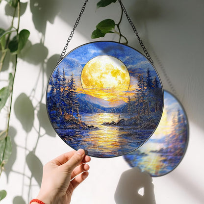 8'' Full Moon Over Forest Lake Suncatcher Ornament, Stained Glass Window Hanging, Sun Catchers for