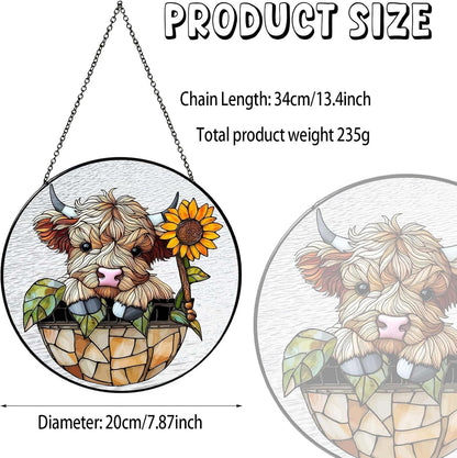 Sunflowers Highland Stained Glass Window Hanging Cowgirl Decor Highland Cow Gifts for Women