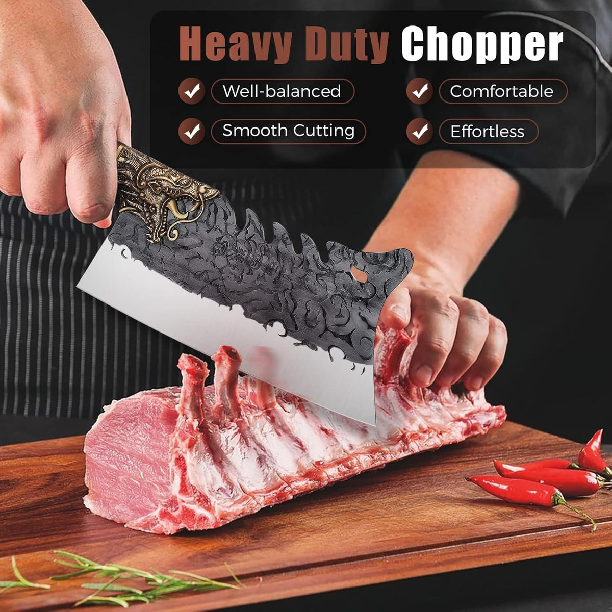 ROCOCO Cleaver Knife Meat Cutting Heavy Duty Bone Butcher Chopper Large Hand Forged Chinese Dragon
