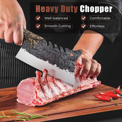 ROCOCO Cleaver Knife Meat Cutting Heavy Duty Bone Butcher Chopper Large Hand Forged Chinese Dragon