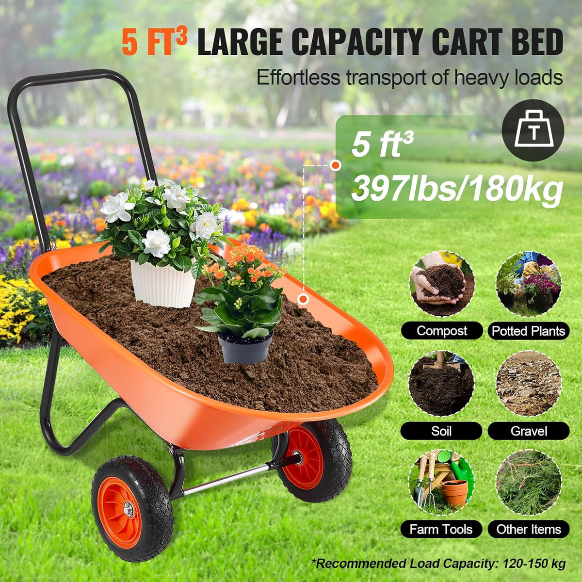 VEVOR Wheelbarrow Cart, 5 Cu. Ft. Load & 397 lbs Capacity, 2 Wheels Garden Dump Cart, Garden Wagon