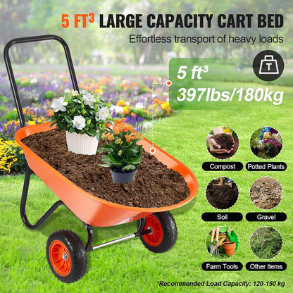 VEVOR Wheelbarrow Cart, 5 Cu. Ft. Load & 397 lbs Capacity, 2 Wheels Garden Dump Cart, Garden Wagon