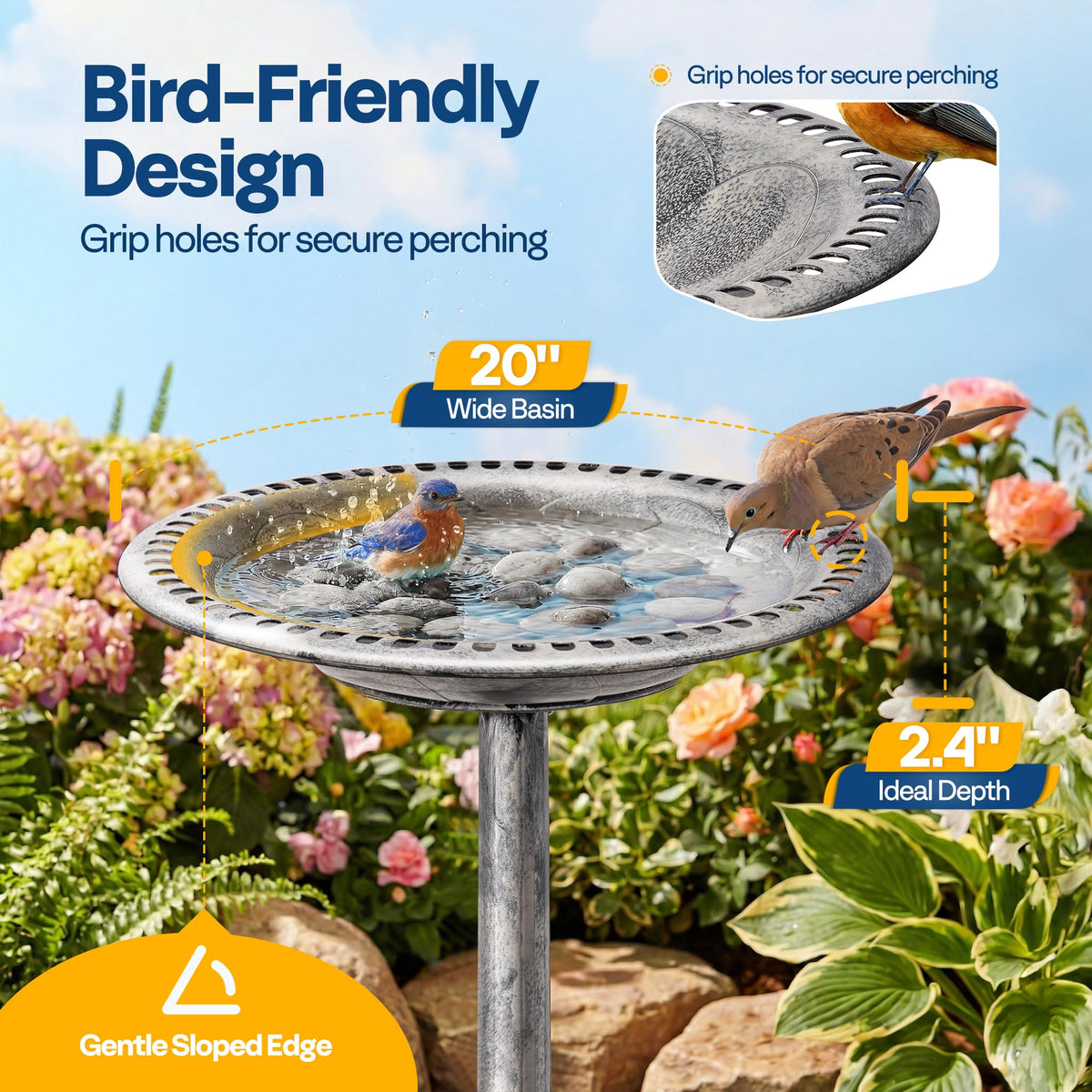 VIVOHOME Bird Bath for Outside, Polyresin Pedestal Birdbath, Gray