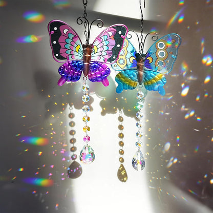 Set 2 Metal Butterfly Suncatchers for Windows - 14" Outdoor Fence Wall Art Decor, Rainbow Prisms