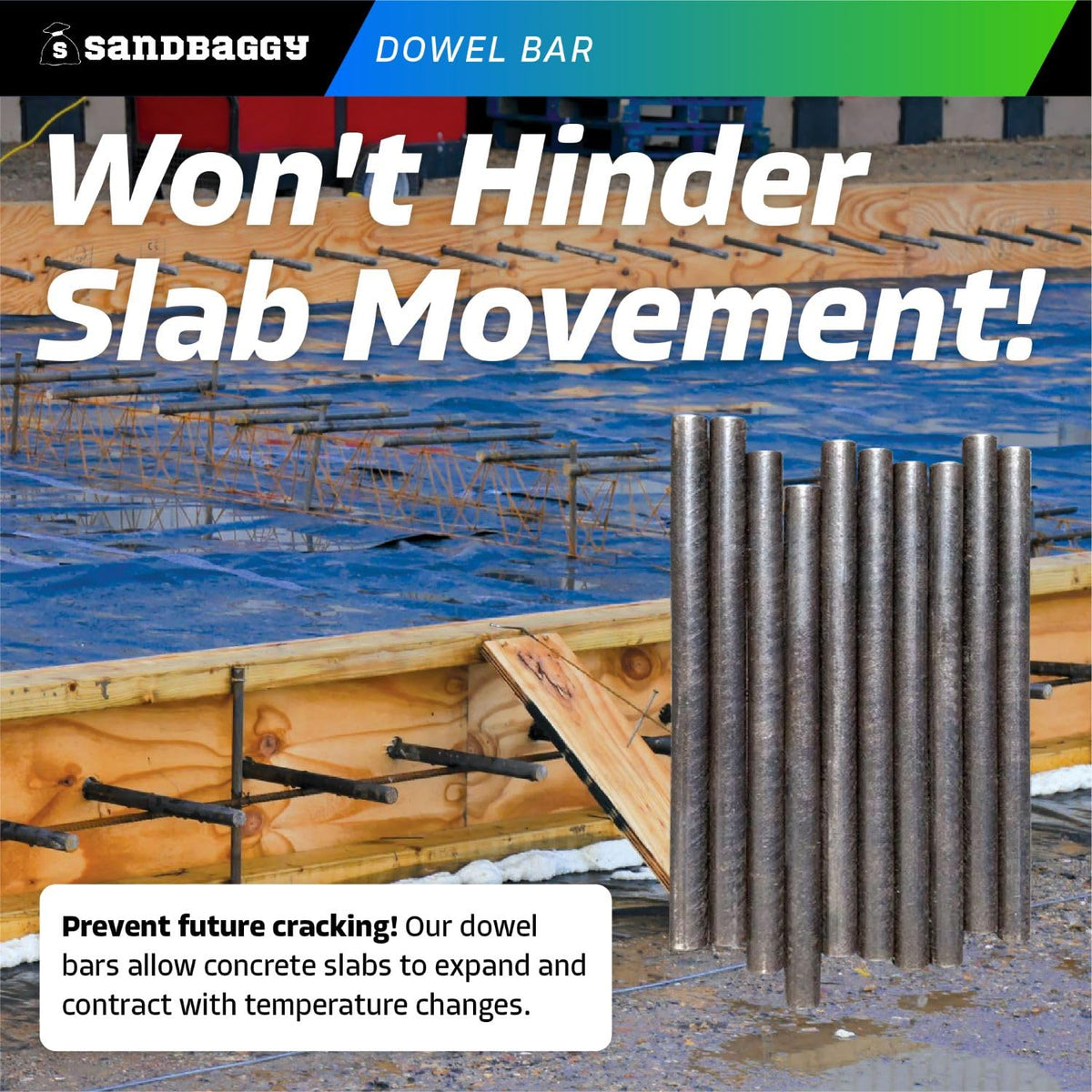 Sandbaggy Smooth Concrete Dowel Bar (3/4" W x 18" L) - Saw Cut Ends - Plain Grade 60 Steel