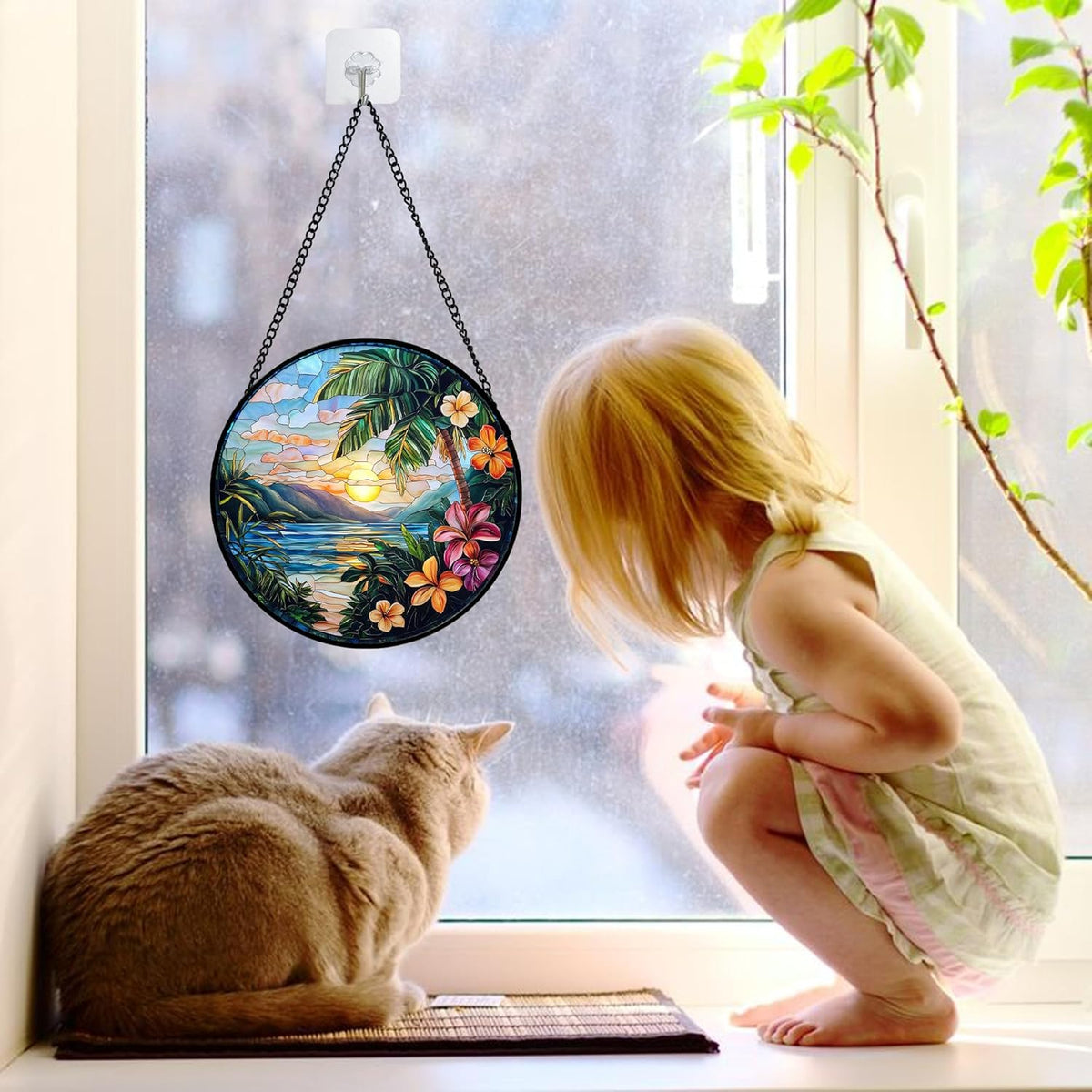 Stained Glass Window Hanging, Colorful Landscape Suncatcher for Doors Home Sun Catchers Decoration