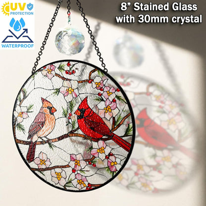 7.8" Cardinal Bird Stained Glass Suncatchers Art Glass Birds and Flowers for Sun Catcher Indoor
