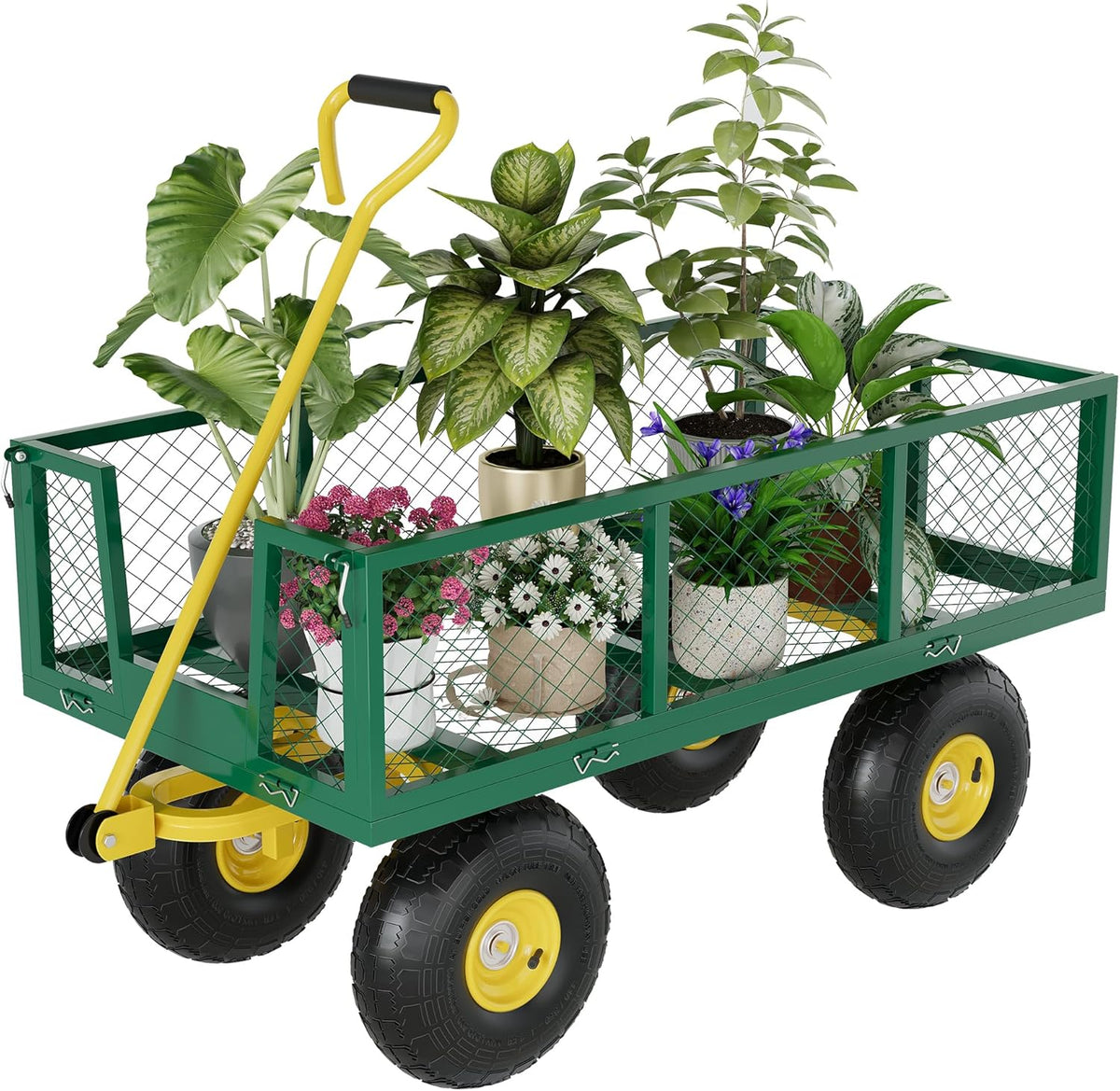 Metal Wagon - 900lbs Garden Cart with 10" Multi-Terrain Tires, 4 Removable Mesh Sides & 180° Swivel