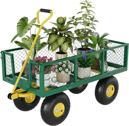 Metal Wagon - 900lbs Garden Cart with 10" Multi-Terrain Tires, 4 Removable Mesh Sides & 180° Swivel