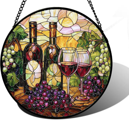 Stained Glass Window Hanging, Grapes and Wine Suncatcher Diamond Glass Panel Hangings Sun Catchers