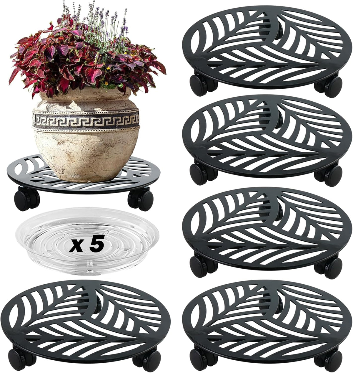 5 Packs Large Metal Plant Caddy with PU Wheels 12" Heavy-Duty Wrought Iron Rolling Plant Stands