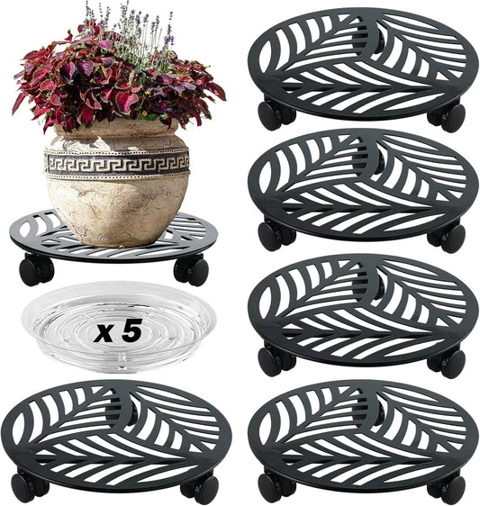5 Packs Large Metal Plant Caddy with PU Wheels 12" Heavy-Duty Wrought Iron Rolling Plant Stands