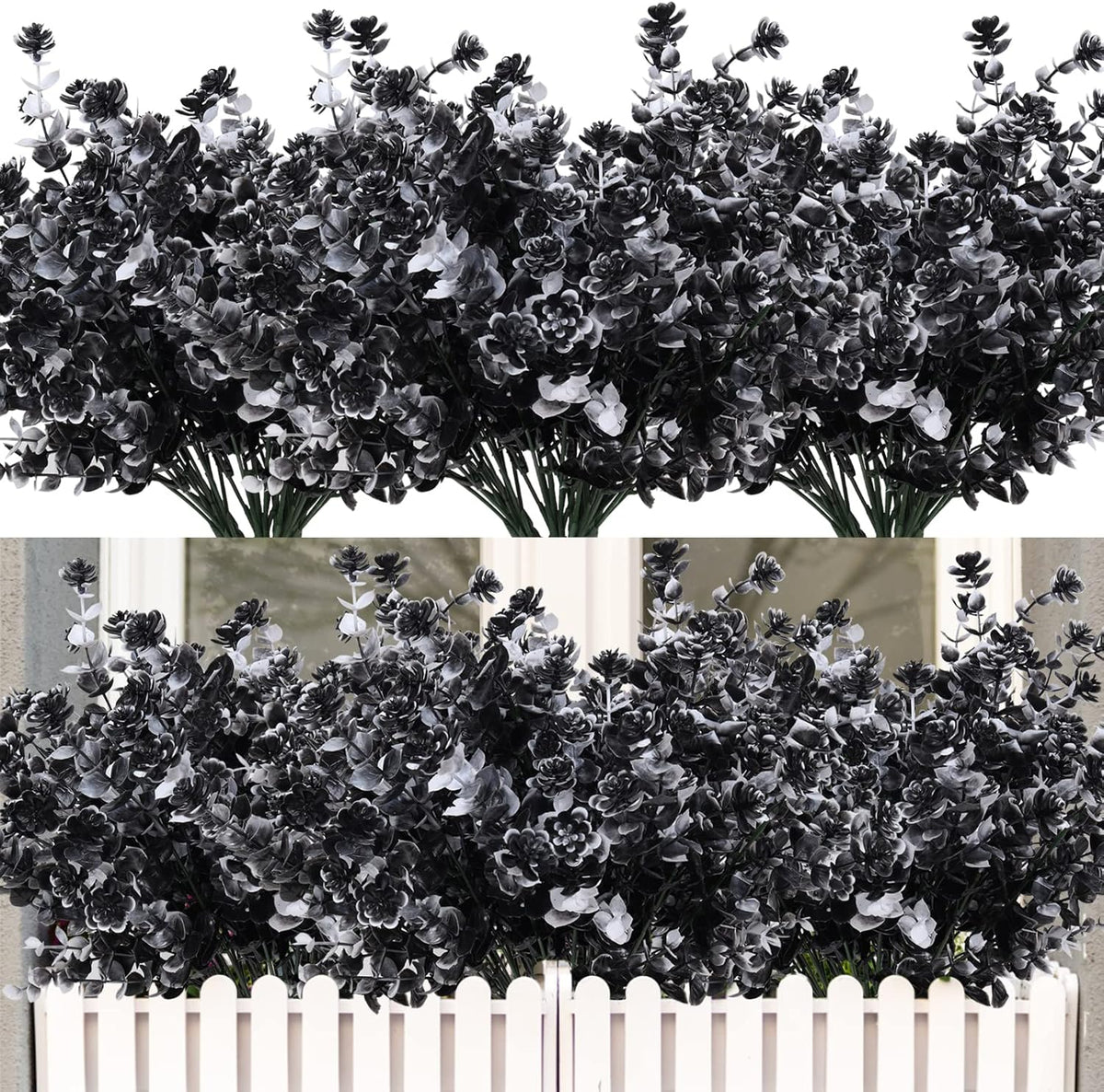RECUTMS Black Artificial Flowers, 12 Pcs Fake Outdoor UV Resistant Plants Faux Plastic Greenery