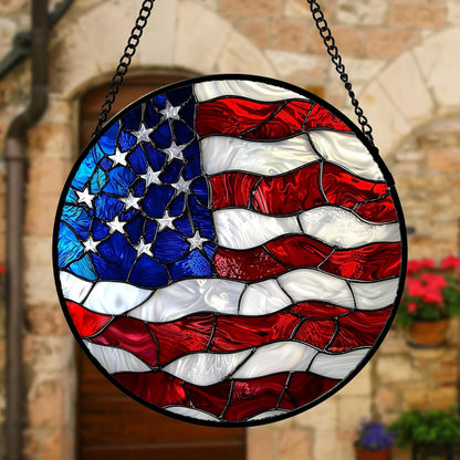 Stained Glass Window Hanging, Blue, White Red National Flag Pattern Sun Catchers Diamond Glass