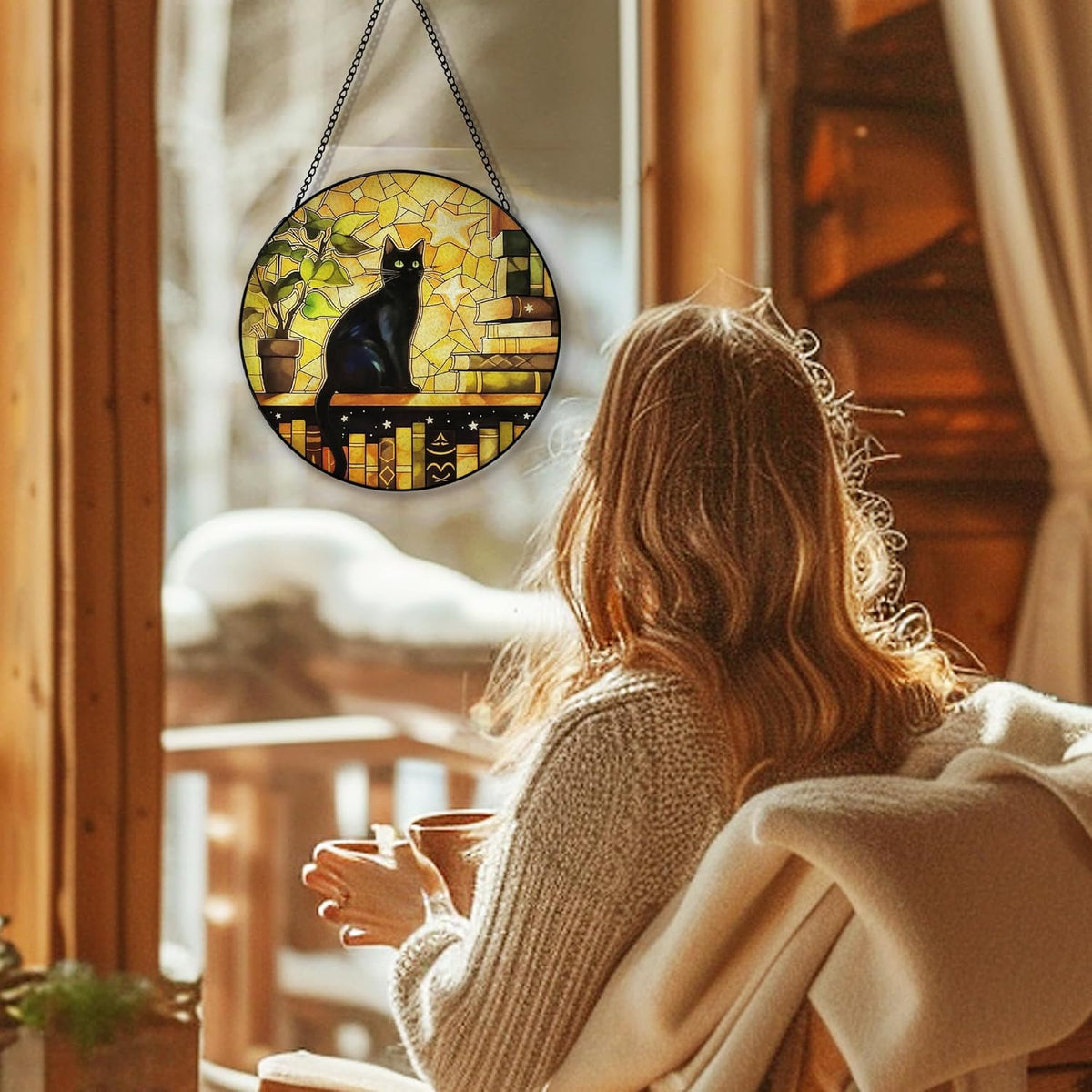Black Cat Suncatcher Stained Glass Window Hanging, Cat Book Lovers Sun Catchers Indoor Window Glass