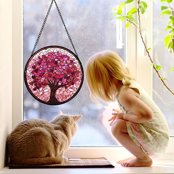 Stained Glass Window Hanging, Pink Love Tree of Life Sun Catchers Colorful Glass Panel Suncatcher