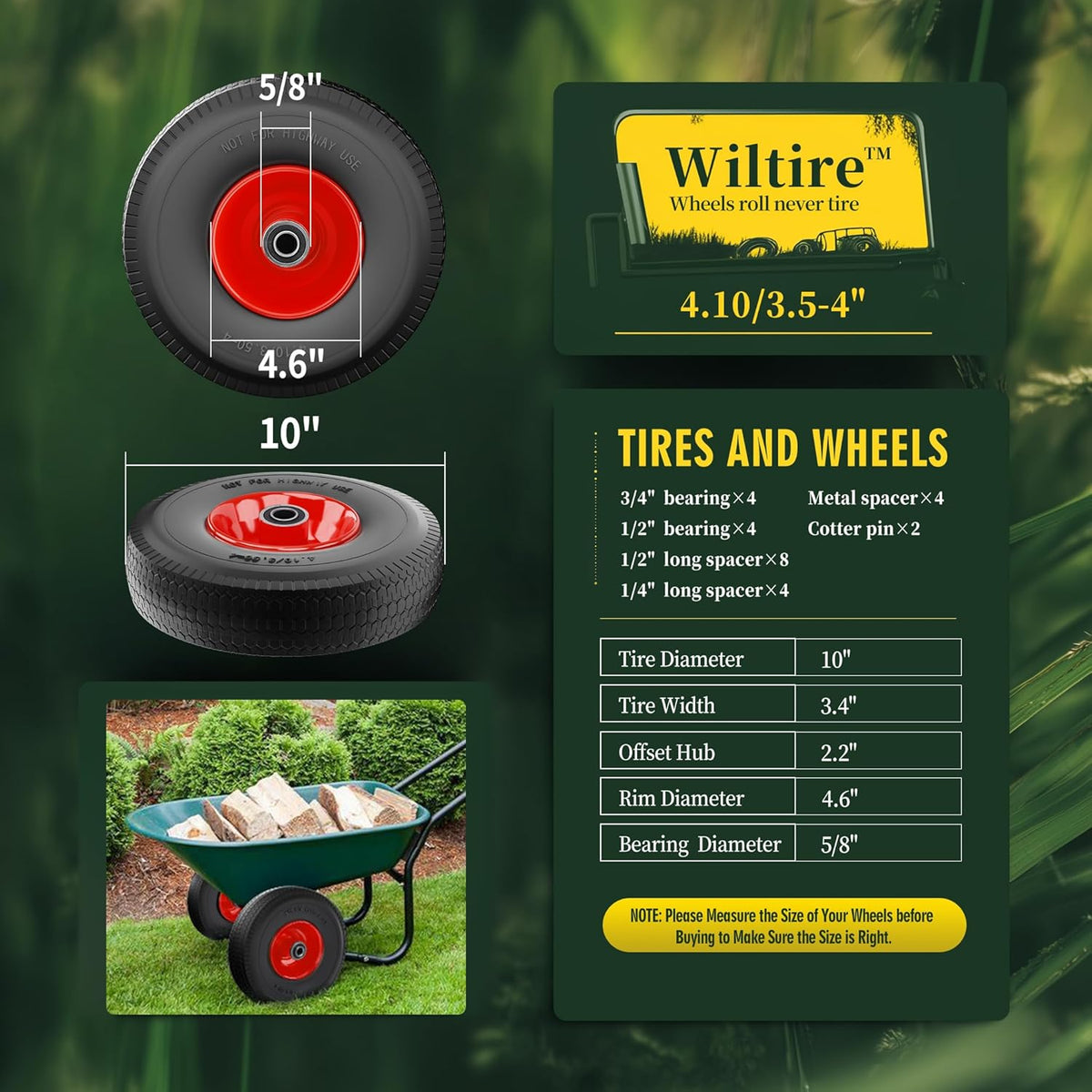 (2 Pack) 4.10/3.50-4 Flat Free Tire and Wheel 10-Inch Solid Wheel Replacement with 5/8 Extra 3/4