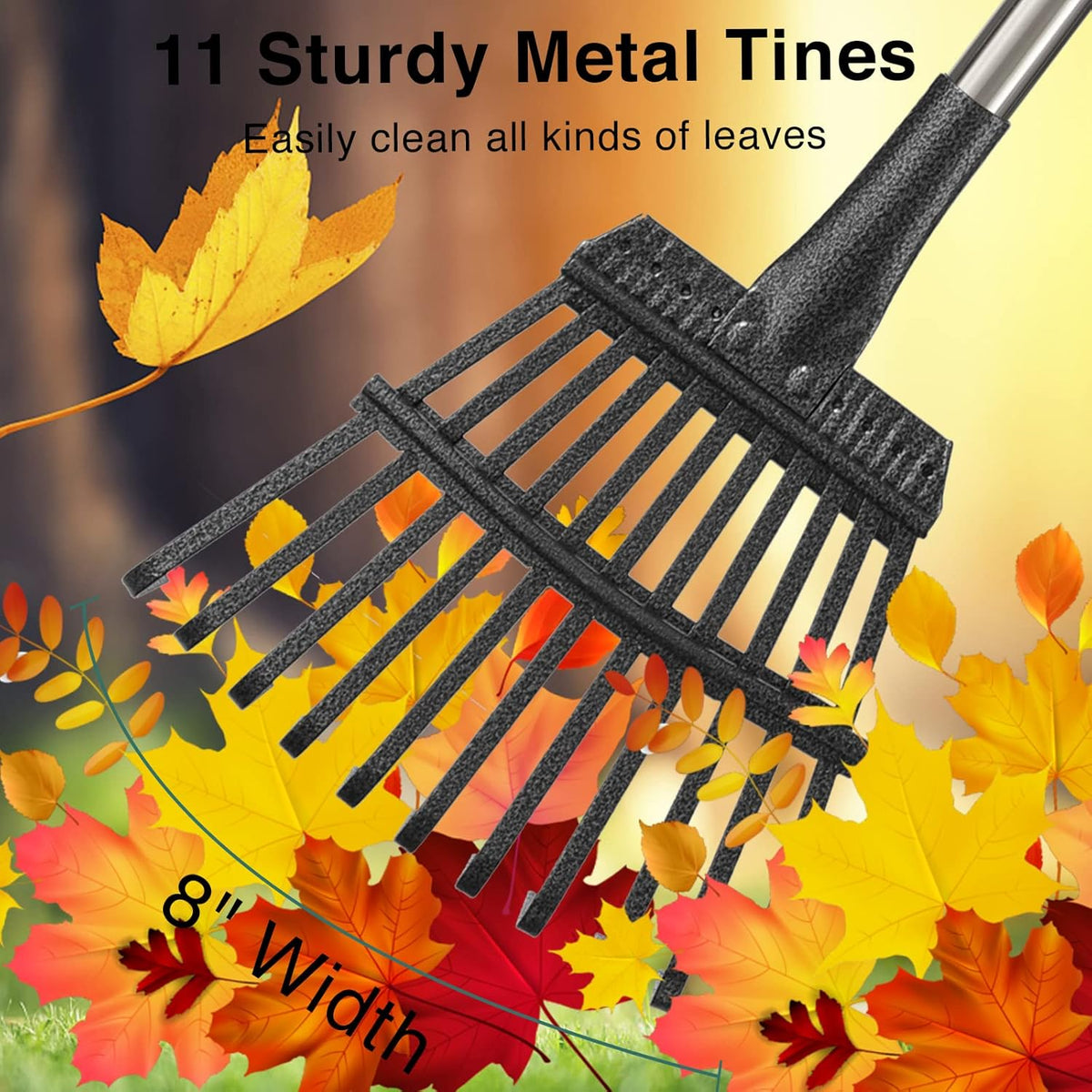 Rake for Leaves, 8" Wide 11 Tines Small Metal Hand Garden Adjustable Lawn Yard Shrub Kids Leaf Rake