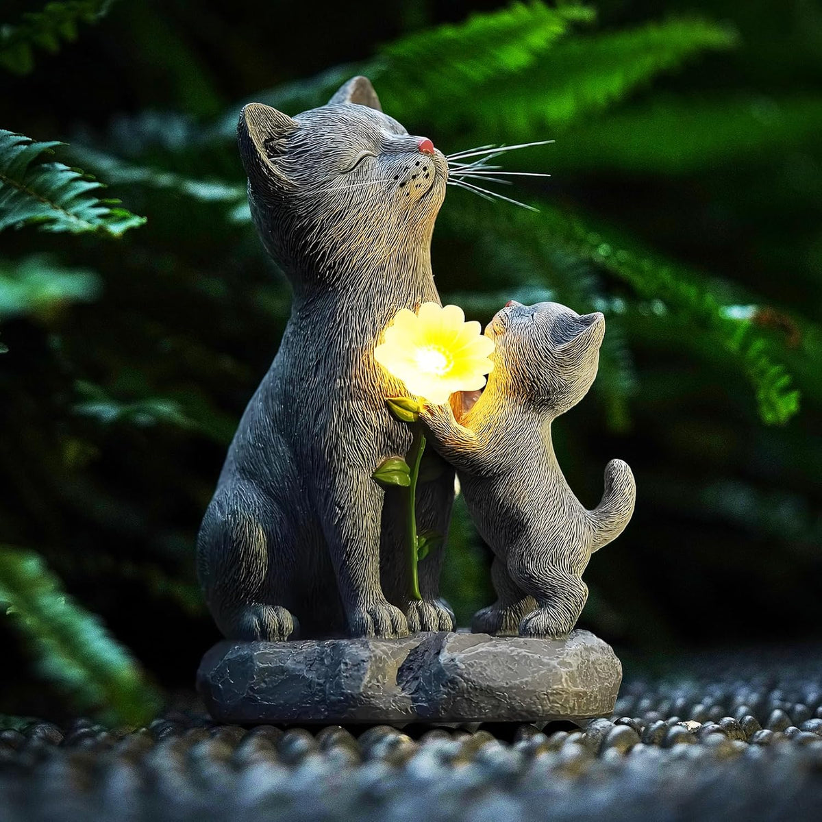 Solar Cat Garden Statue Outdoor Decor - Mother & Kitten Figurines with Flower LED Light, Outside