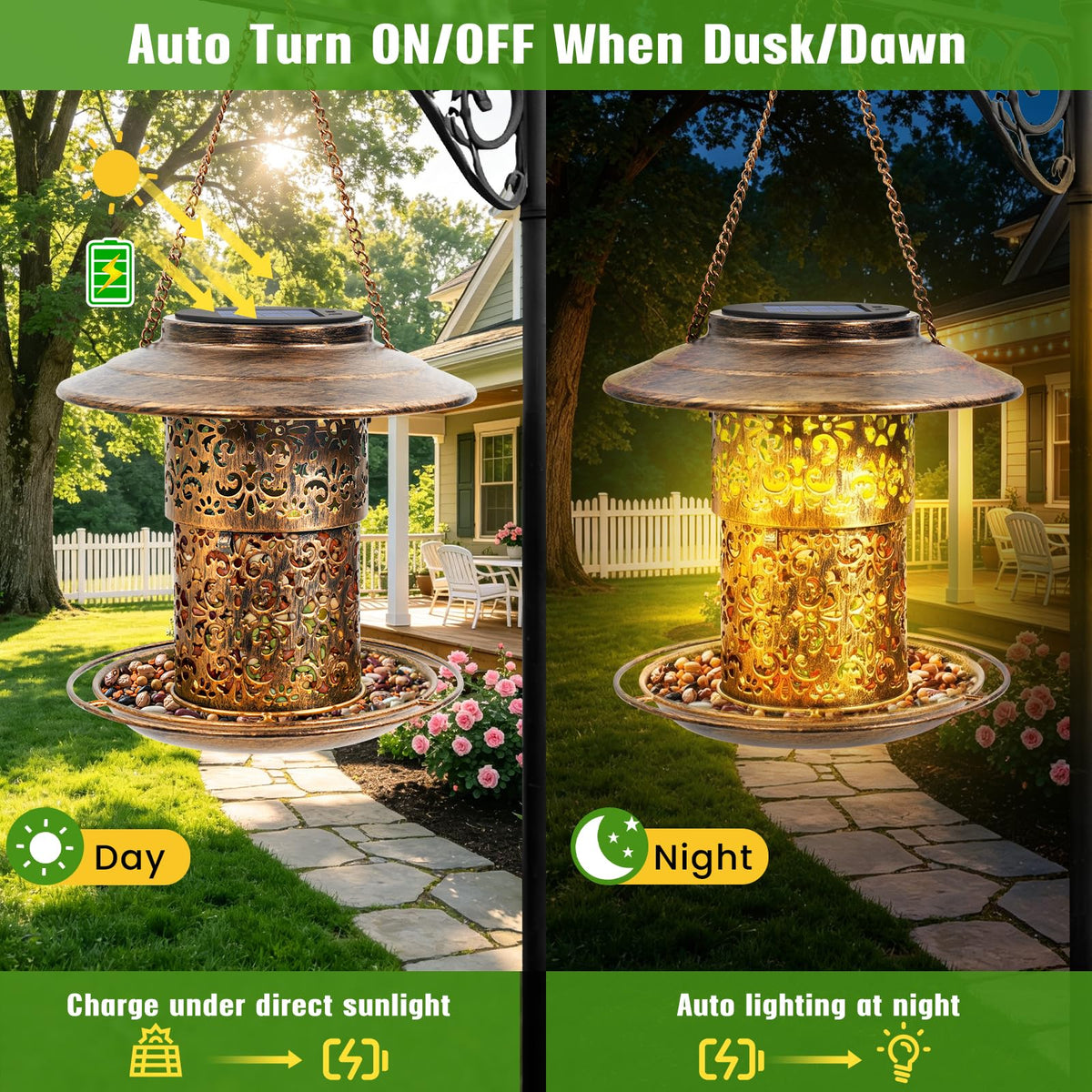 DY-SKTY Metal Bird Feeder for Outdoor Hanging, Large Capacity Solar light Wild Bird Feeder with