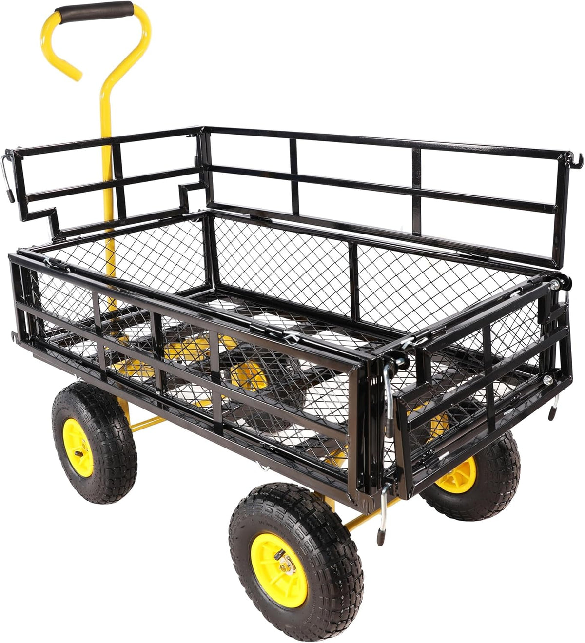 Heavy Duty Garden Wagon with Foldable Sides, Pneumatic Tires, Adjustable Handle (Yellow + Black