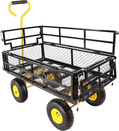 Heavy Duty Garden Wagon with Foldable Sides, Pneumatic Tires, Adjustable Handle (Yellow + Black