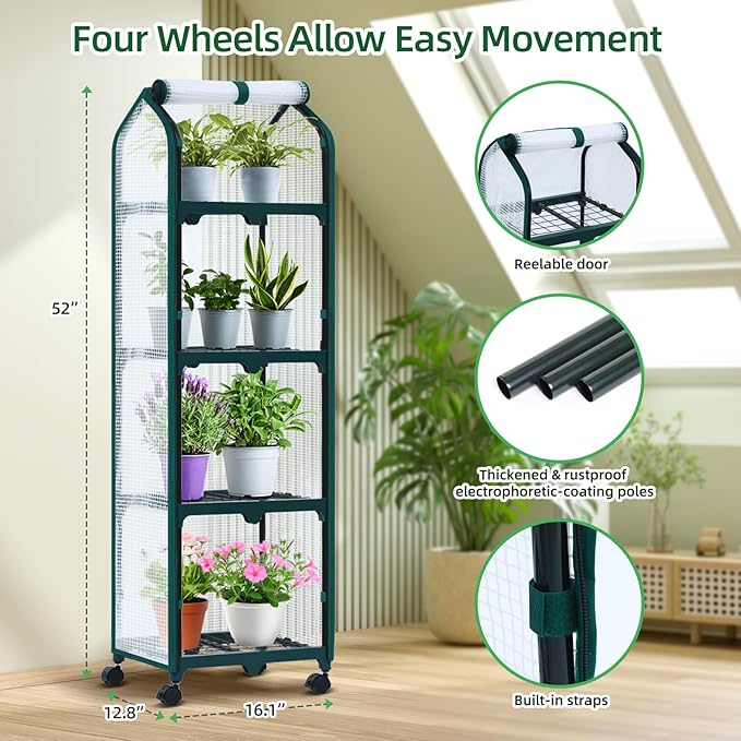 Ohuhu Mini Greenhouse for Indoor Outdoor, Small Plastic Plant Green House with Locking Wheels