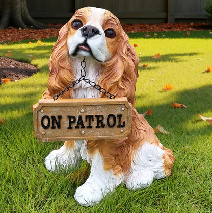 Cavalier King Charles Spaniel Outdoor Dog Statue with Reversible “Welcome/ON Patrol” Hanging Plaque