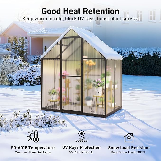 6x4FT Outdoor Greenhouse, Polycarbonate Green House, Small Walk-in Greenhouse with Vented Roof