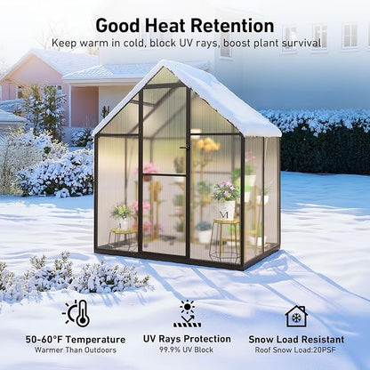 6x4FT Outdoor Greenhouse, Polycarbonate Green House, Small Walk-in Greenhouse with Vented Roof