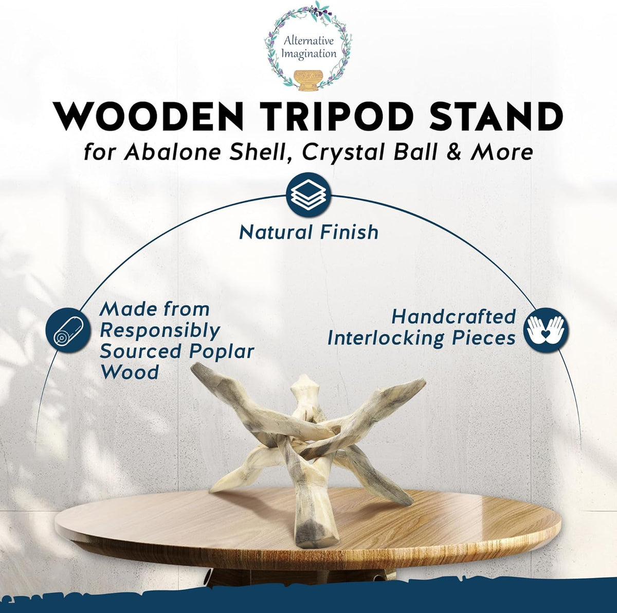 Alternative Imagination Wooden Tripod Display Stand - 6-Inch Hand Carved Holder Made from Mango