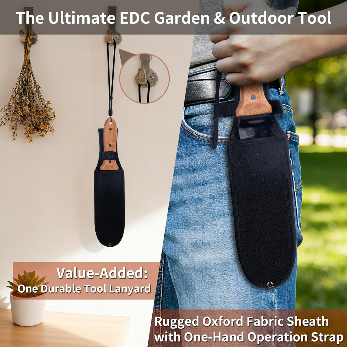 YANG Hori Hori Garden Knife, 7" Stainless Steel Gardening Knife with Oxford Cloth Sheath, Full Tang