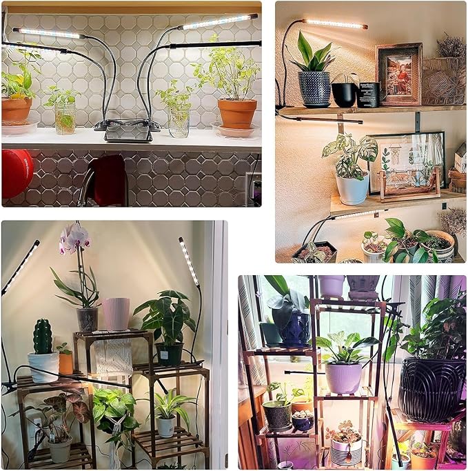 Full Spectrum Dual Heads Clip Grow Lights for Indoor Plants with 3/9/12H Timer Dimmer and 10 feet