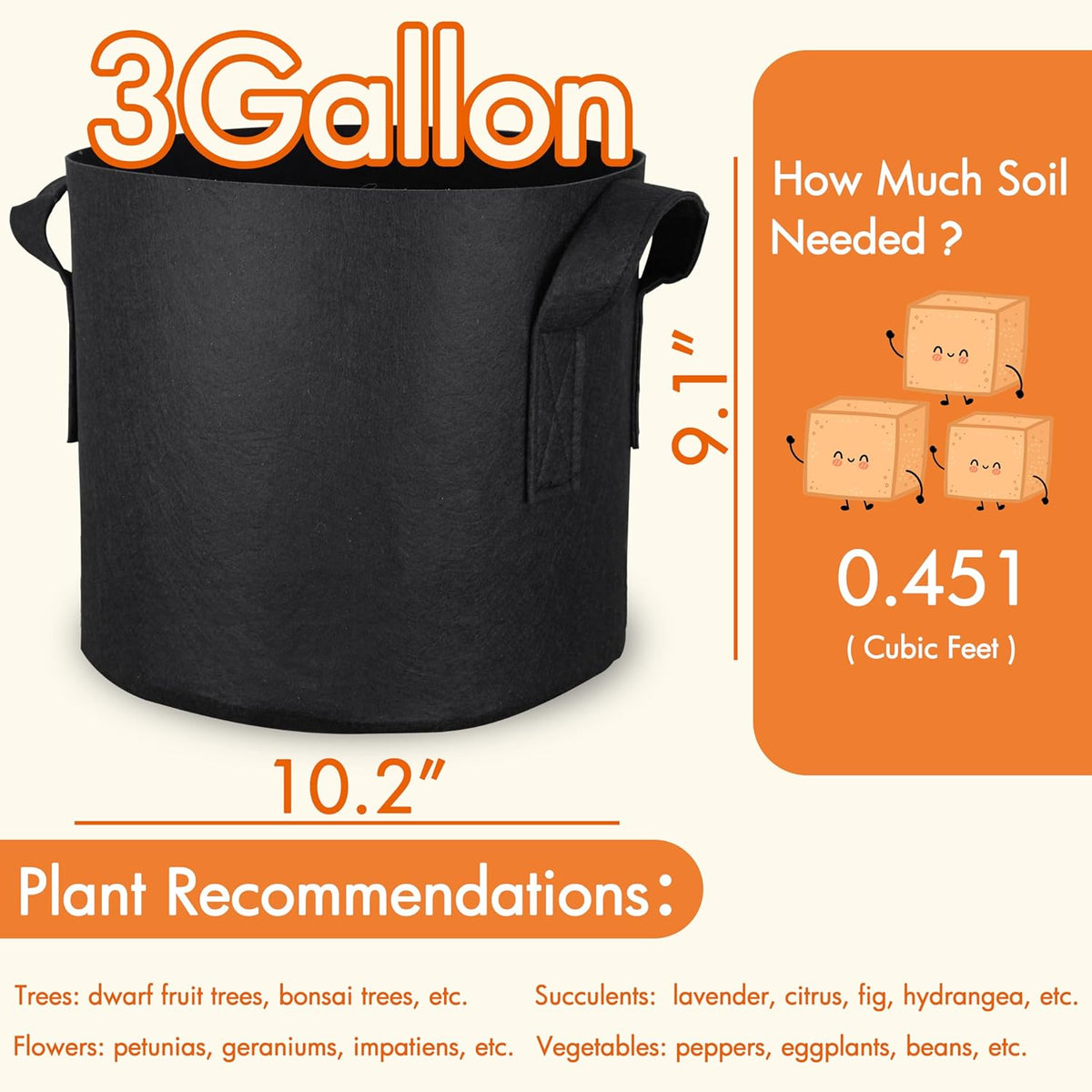 Gardzen 10-Pack 3 Gallons Grow Bags, Aeration Fabric Pots with Handles, Heavy Duty Cloth Pots for