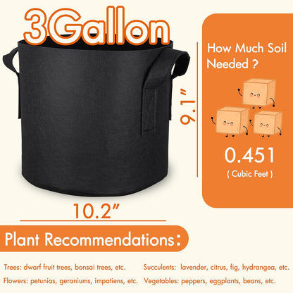 Gardzen 10-Pack 3 Gallons Grow Bags, Aeration Fabric Pots with Handles, Heavy Duty Cloth Pots for